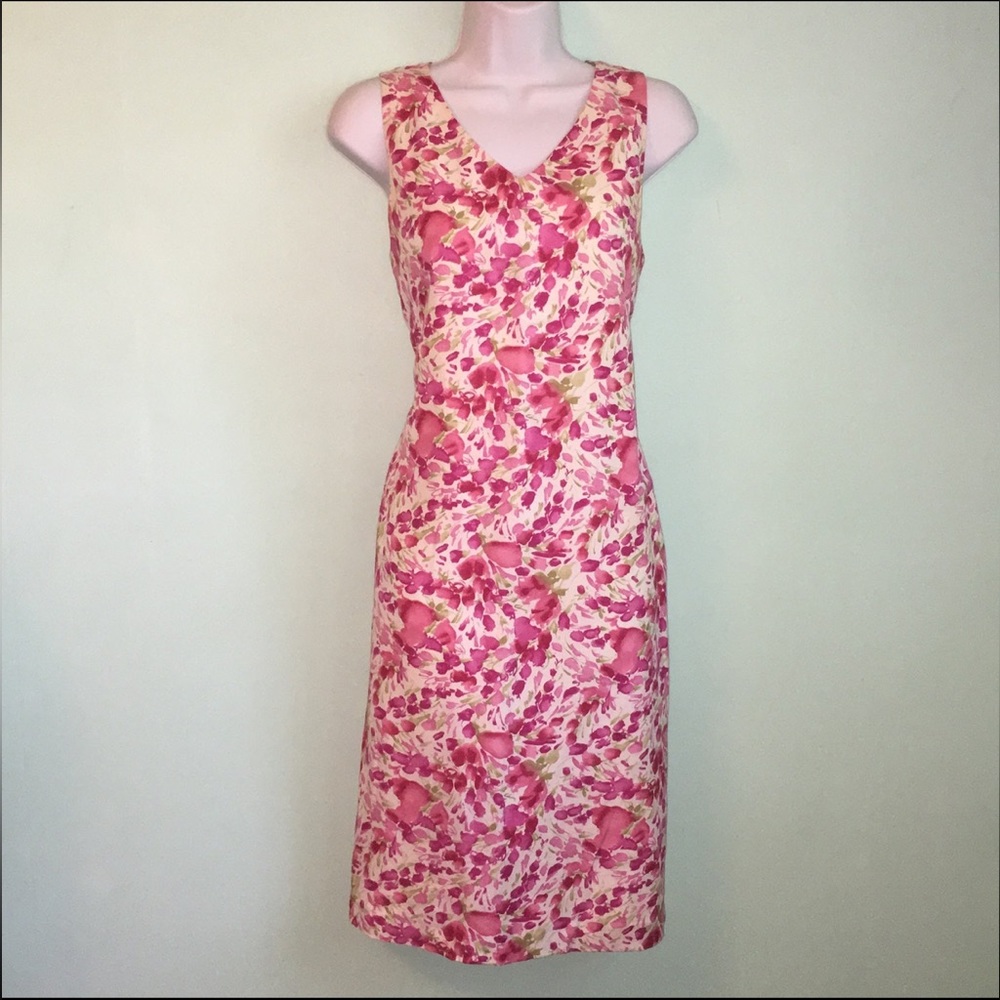 Harve Benard Pink Floral V-Neck Linen Midi Dress